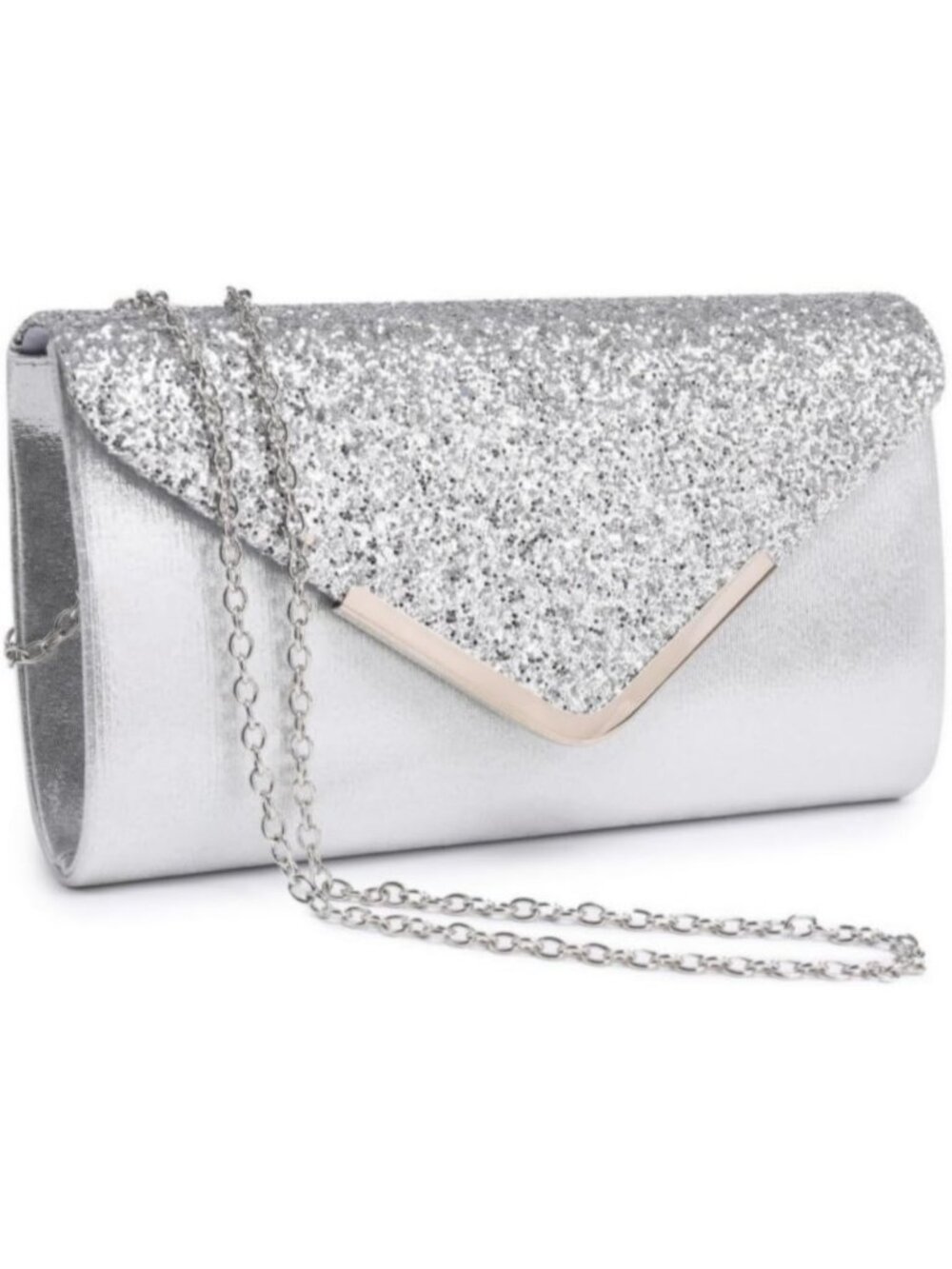 Women’s Silver Evening Clutch Purse Formal Wedding Handbag Shoulder Bag